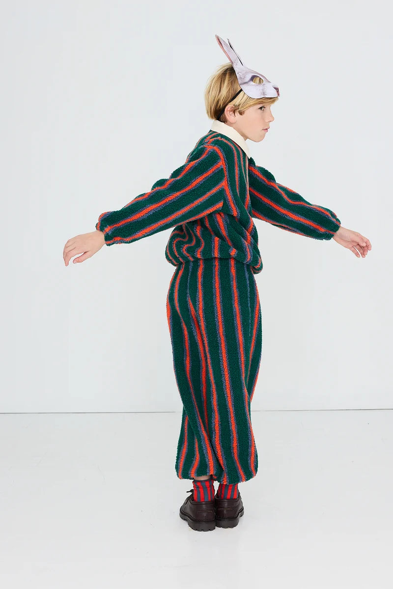 Tiny Cottons Multicolor Stripes Sherpa Collar Sweatshirt - Dark Green
