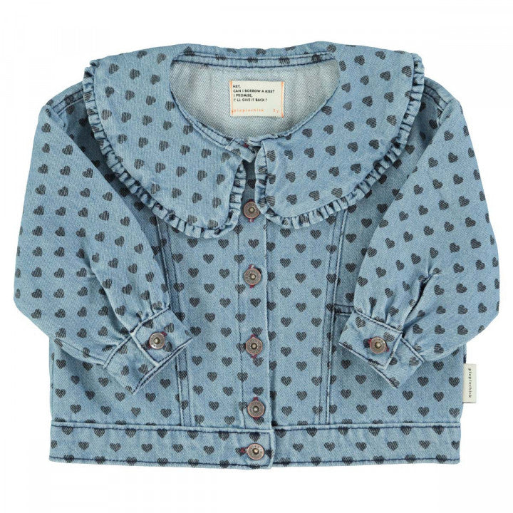 Jacket Washed Blue Denim With Black Hearts