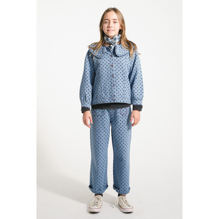 Jacket Washed Blue Denim With Black Hearts